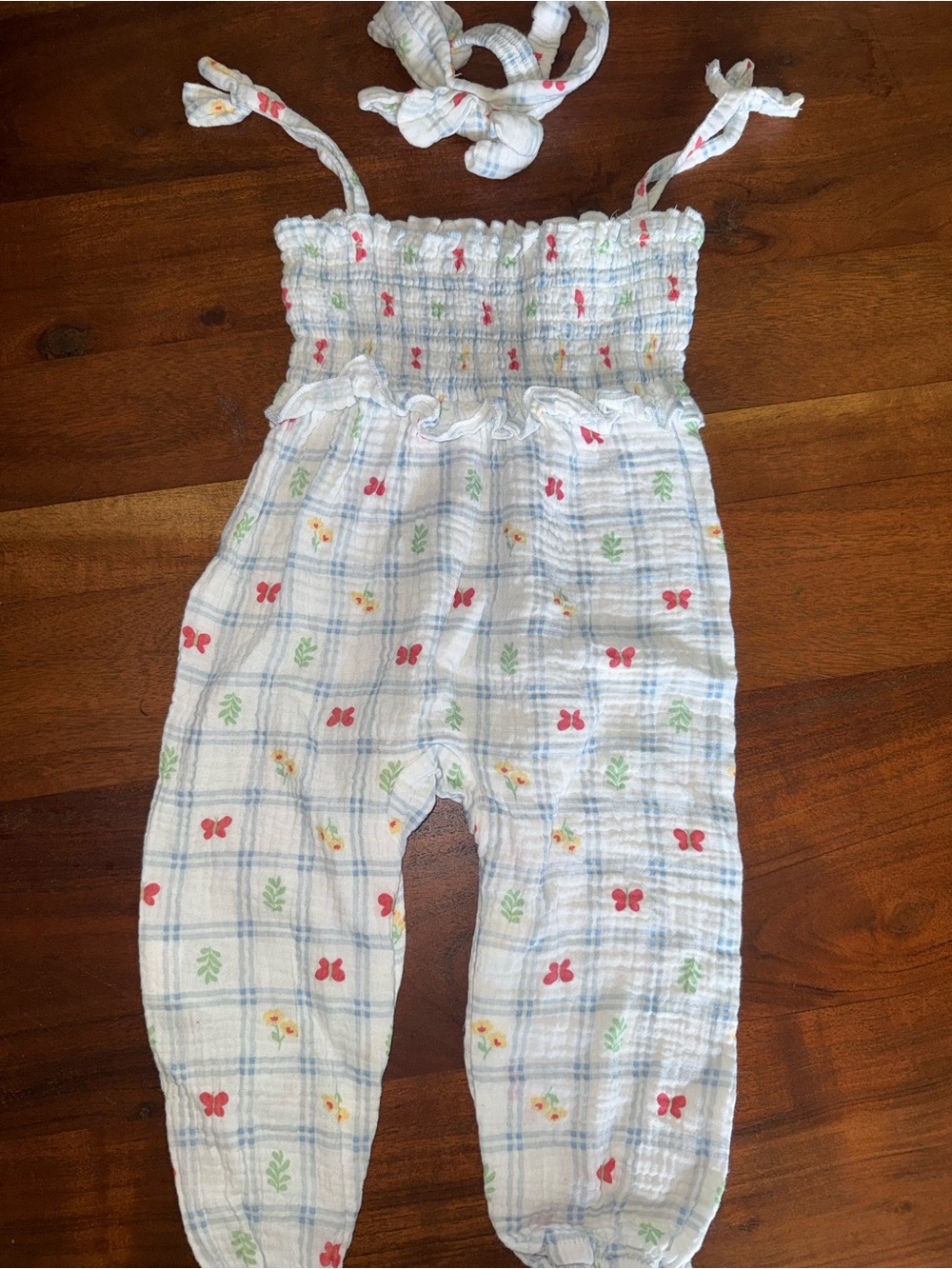 White Smocked Kids Romper with Red Butterfly Print